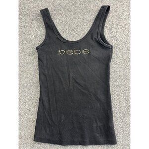 Bebe Tank Top Womens Medium Black Rhinestone Logo Fitted Stretch Y2K 2000s USA